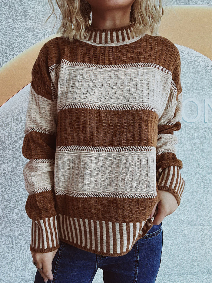 Women's Striped Ribbed Crew Neck Sweater Casual Fit