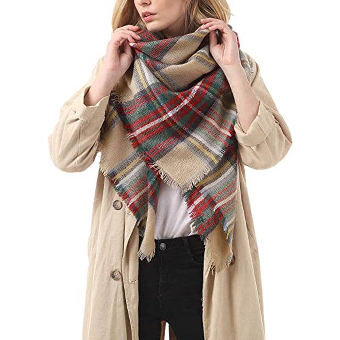 Emily | Camel and Red Plaid Blanket Scarf with Fringe, 59 x 59 Inches