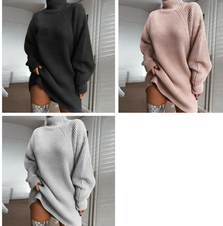 Warm Turtleneck Sweater Dress, Long Solid Color Winter Knit