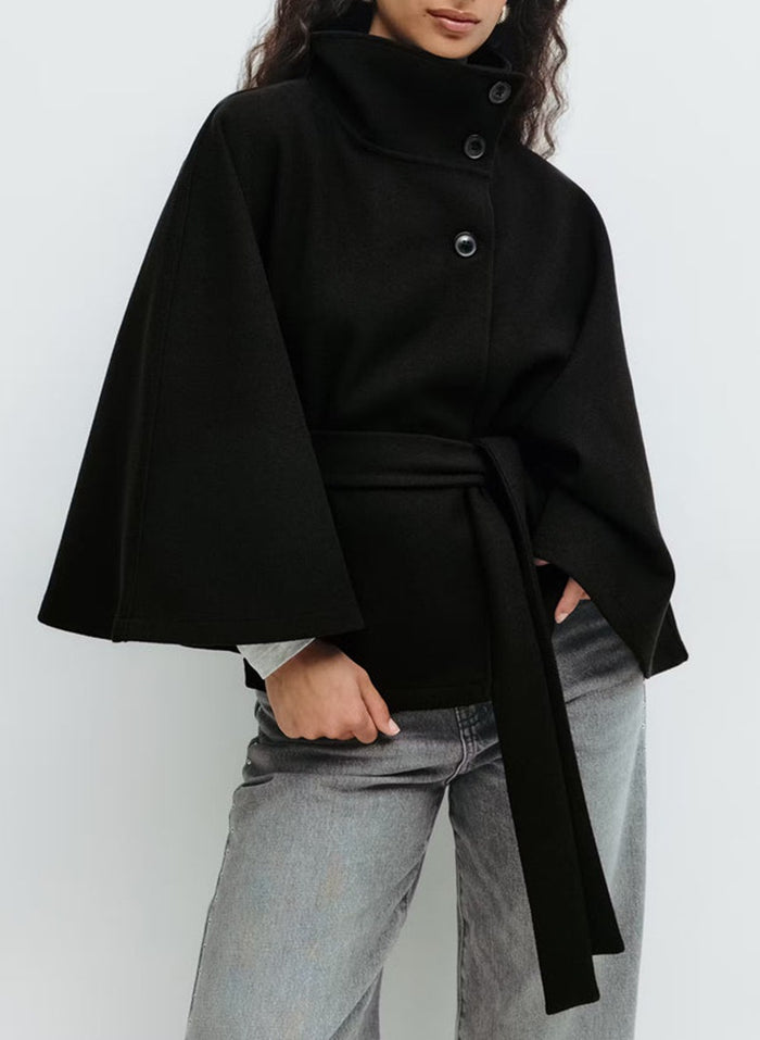 Stephanie | Women's High Neck Batwing Coat with Belt, Loose and Elegant