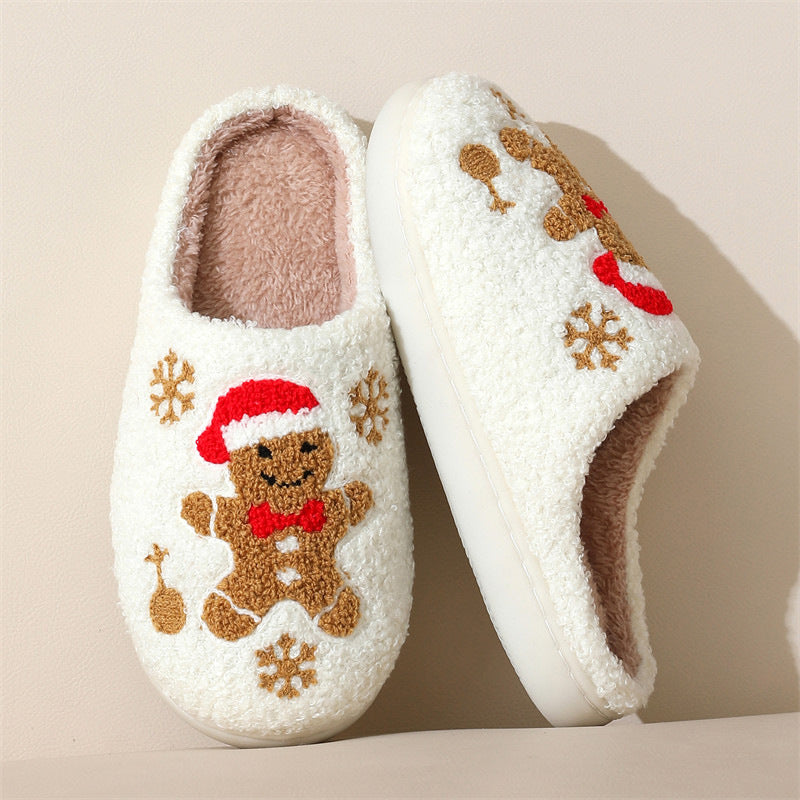 Christmas Snowflake Gingerbread Slippers, Non-Slip Fuzzy Shoes