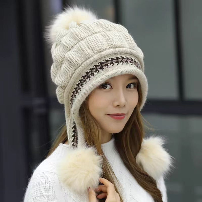Madison | Knit Ear Flap Beanie with Pom Pom Ties
