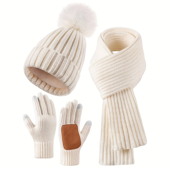 Women's Ribbed Pom Beanie Scarf Gloves 3-Piece Winter Set