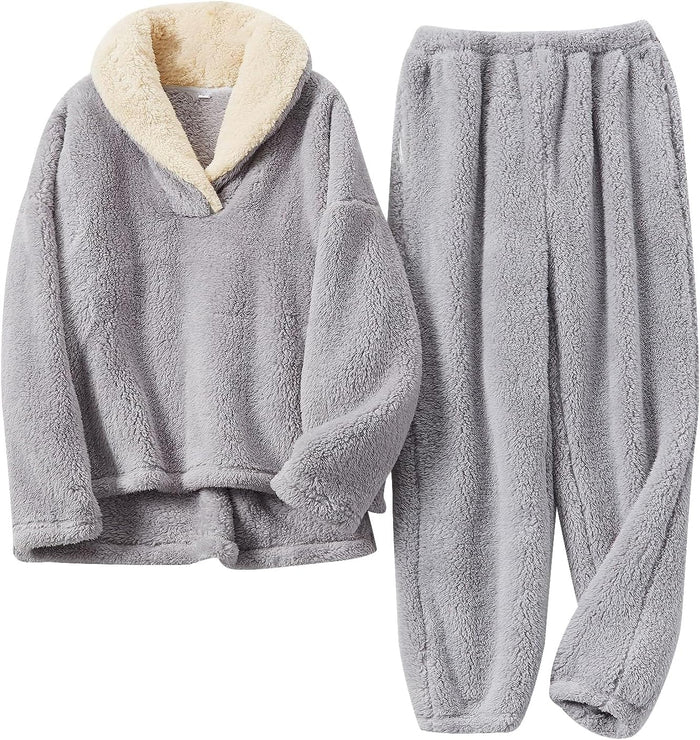 Women's Fleece Pajama Set with Shawl Collar and Drawstring