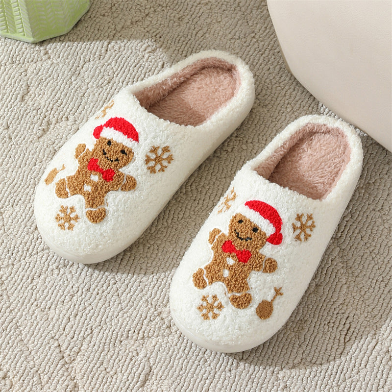 Christmas Snowflake Gingerbread Slippers, Non-Slip Fuzzy Shoes