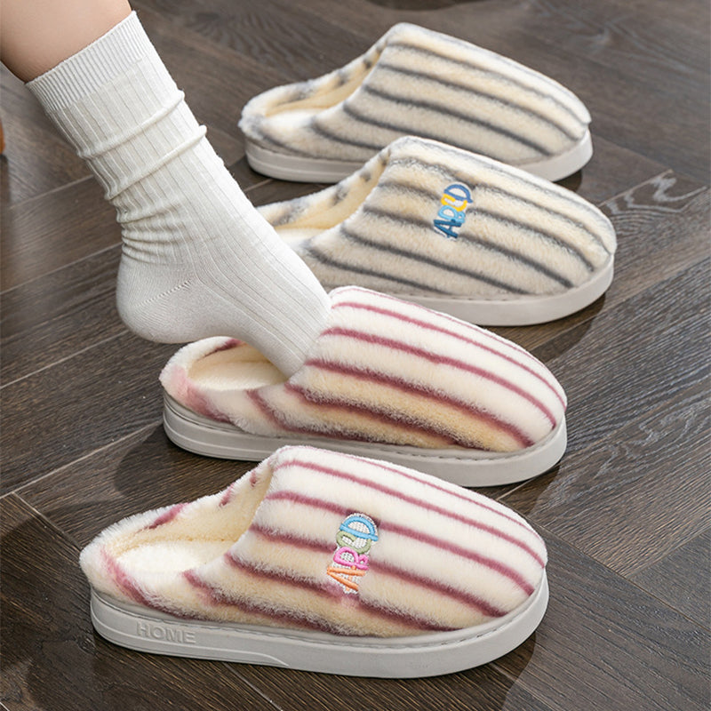 Plush Striped Letter Slippers, Winter Warm Embroidered