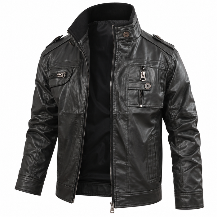 Men's Biker Jacket with Stand Collar and Zip Pockets