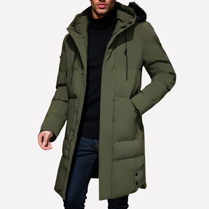 Men's Long Puffer Jacket with Adjustable Hood