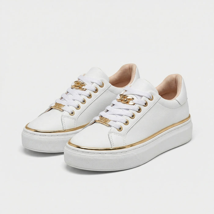 Women's Platform Sneakers with Gold Trim Lace-Up