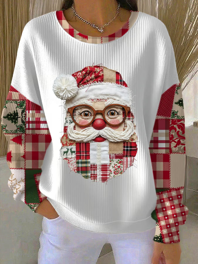 Women's Santa Patchwork Christmas Sweater with Contrast Sleeves