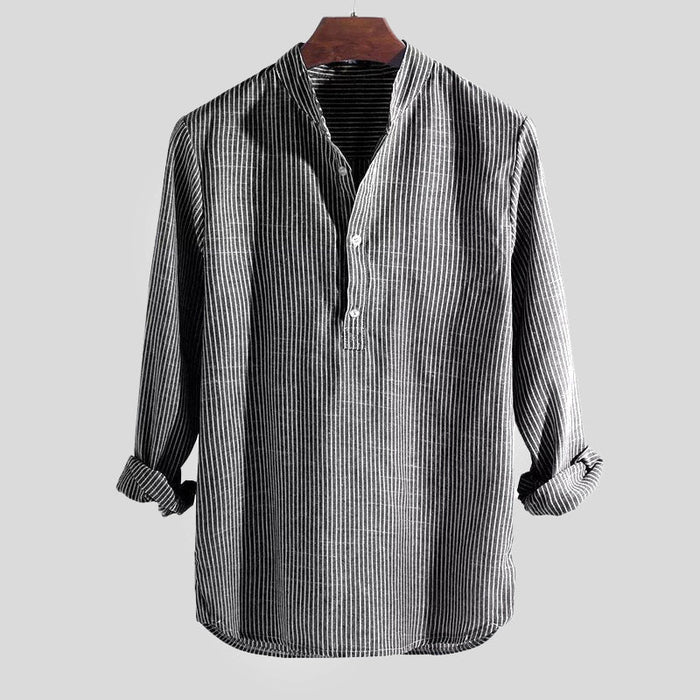 Men's Striped Henley Shirt with Band Collar Long Sleeve