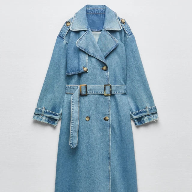 Women's Double-Breasted Denim Trench Coat Long Sleeve