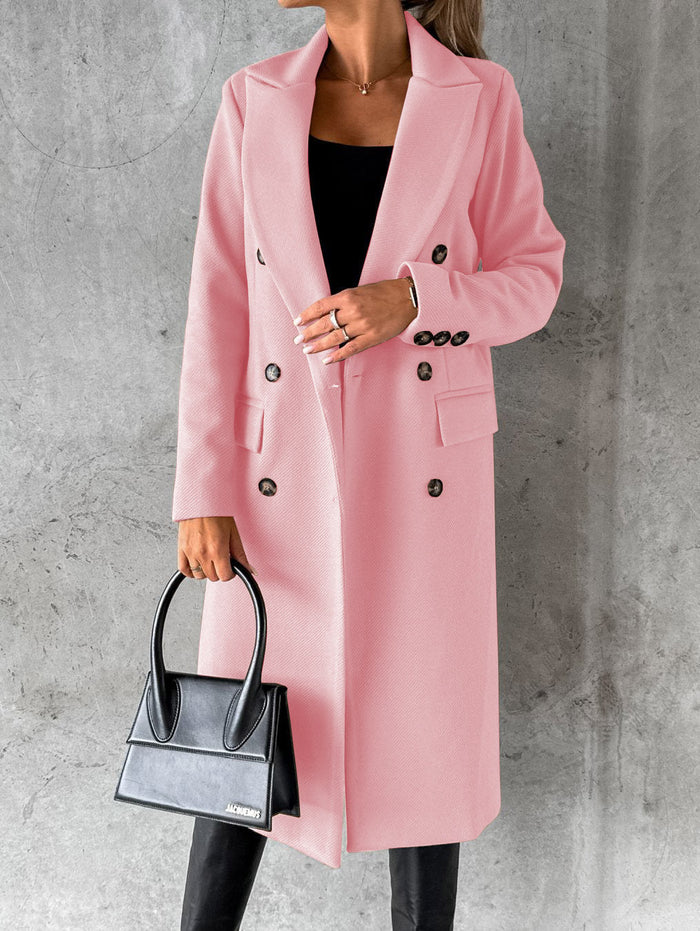 Women's Double-Breasted Wool Coat Notch Lapel Midi Length