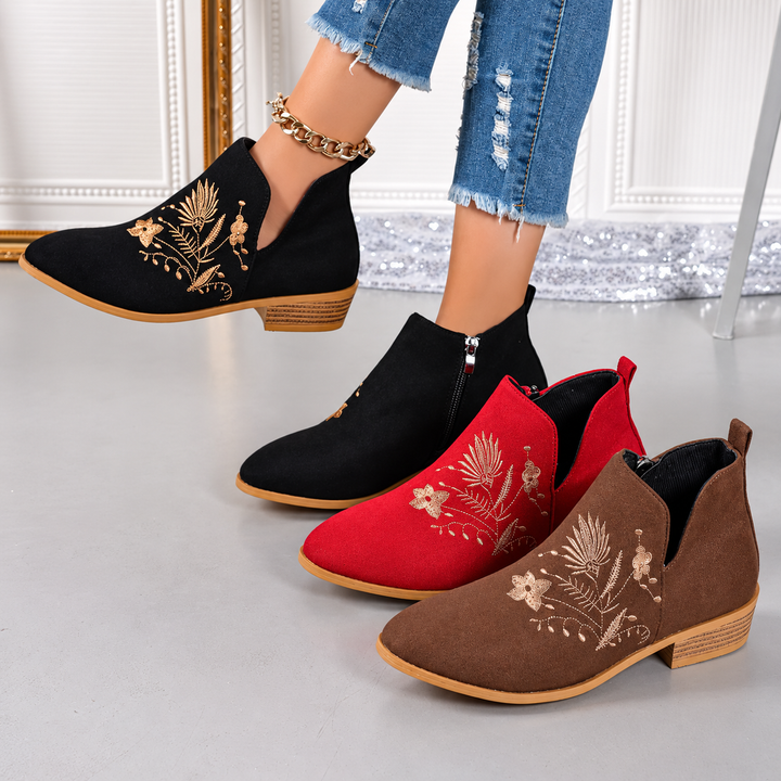 Isadora | Embroidered Low-Heel Ankle Boots