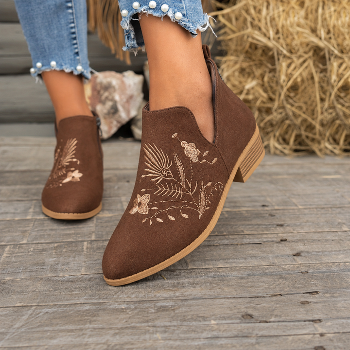 Isadora | Embroidered Low-Heel Ankle Boots