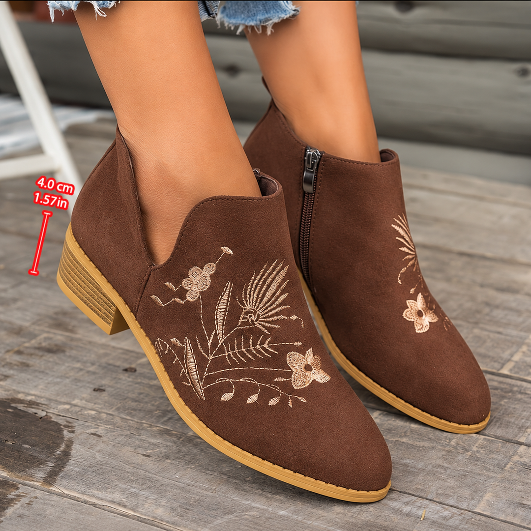 Isadora | Embroidered Low-Heel Ankle Boots