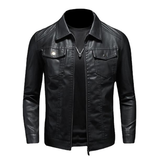 Men's Biker Jacket with Stand Collar and Front Zipper
