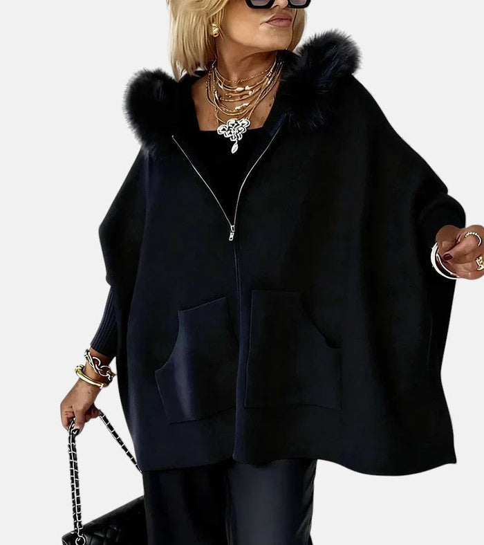 Women's Faux-Fur Hood Zip Cape with Front Pockets
