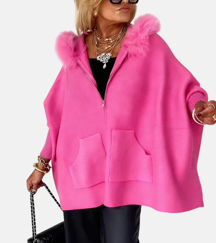 Women's Faux-Fur Hood Zip Cape with Front Pockets
