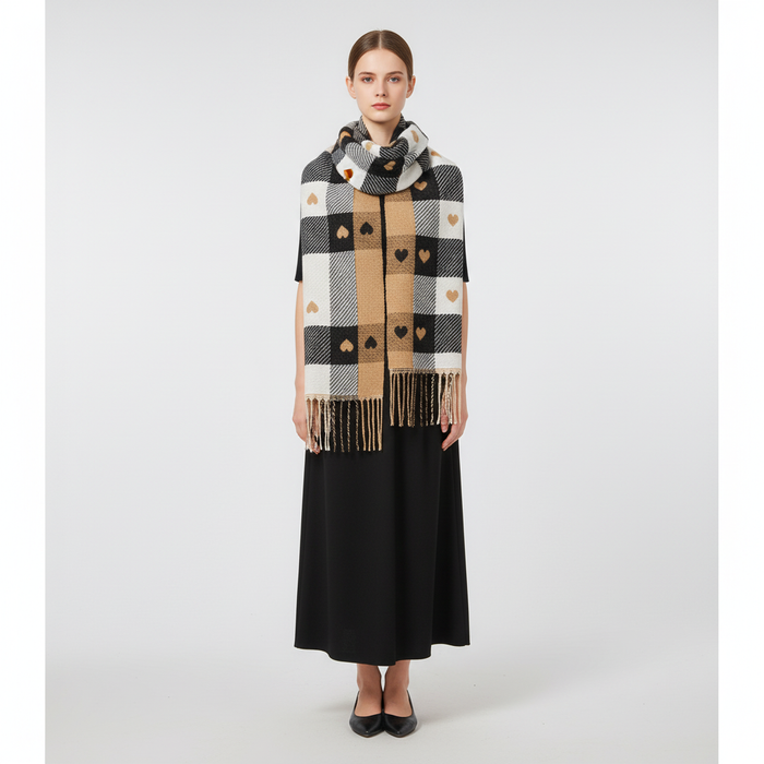 Women's Checkered Scarf with Heart Print Fringed Ends