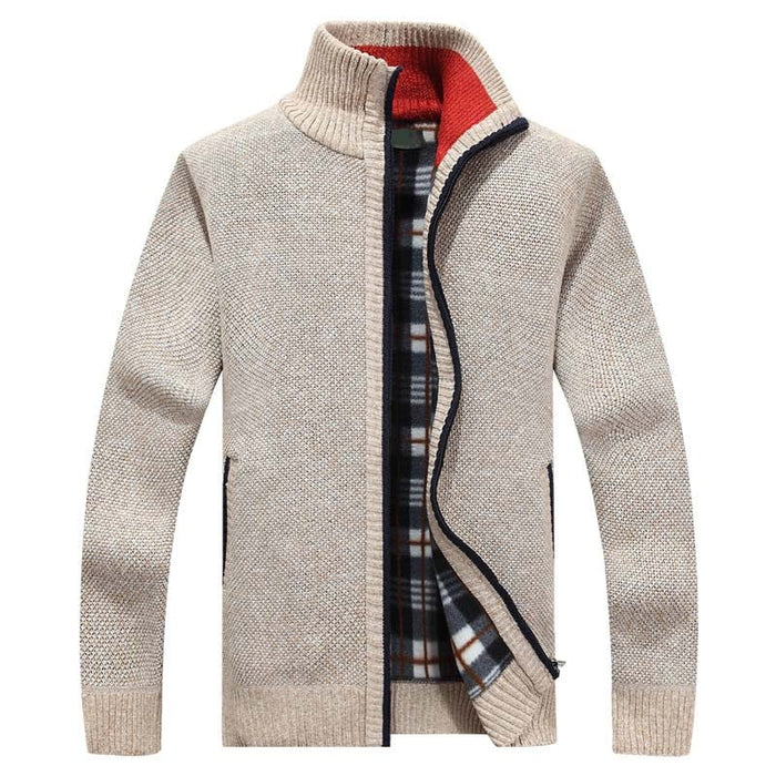Men's Stand Collar Zip-Up Sweater with Ribbed Trim