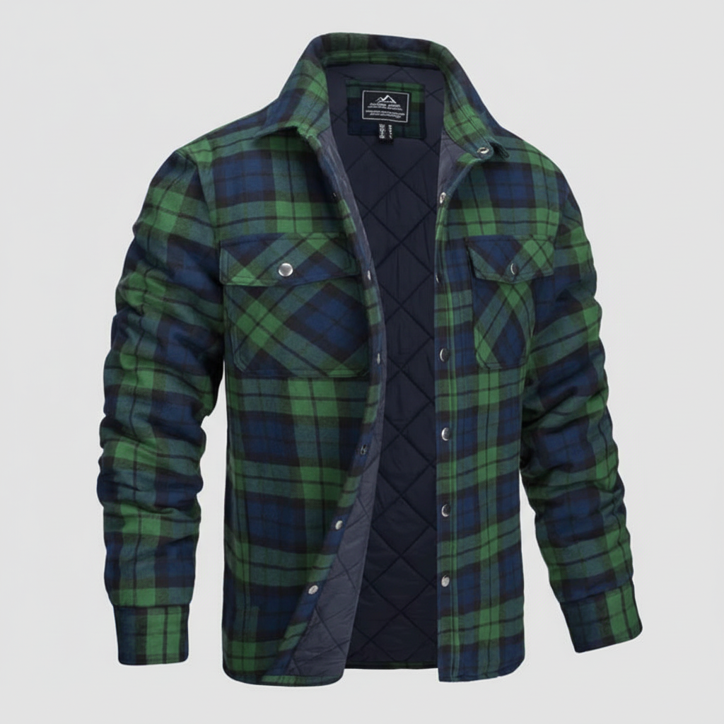 Men's Plaid Flannel Shirt Jacket Snap Front Chest Pockets - Quilted ...