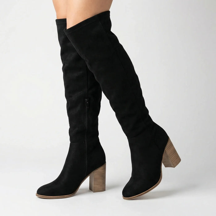 Women's Knee-High Boots with Block Heel and Side Zipper
