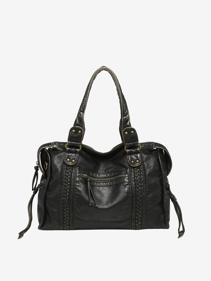 Women's Shoulder Bag with Braided Details and Zipper Closure
