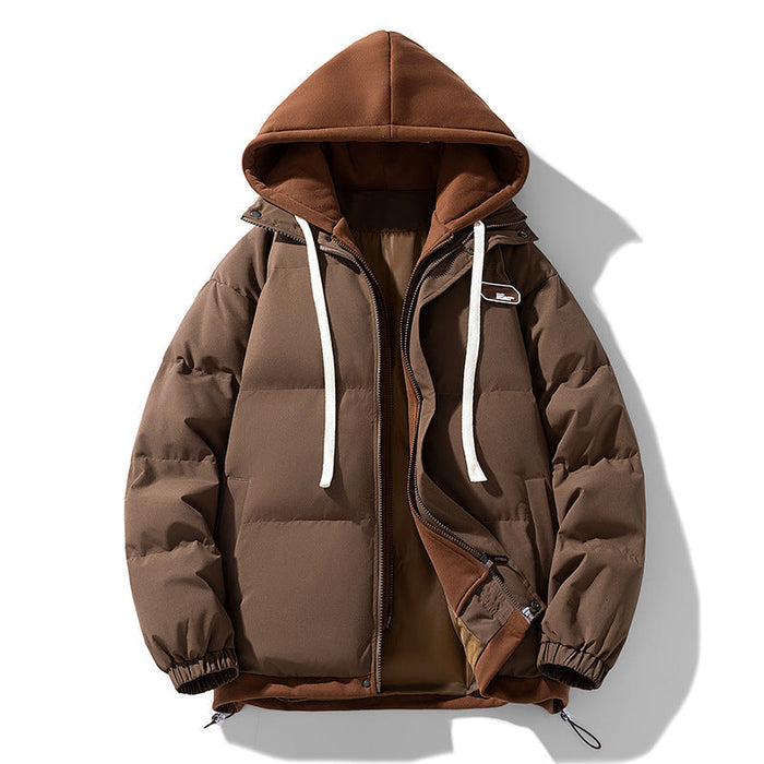 Men's Puffer Jacket with Contrast Hood and Elastic Cuffs