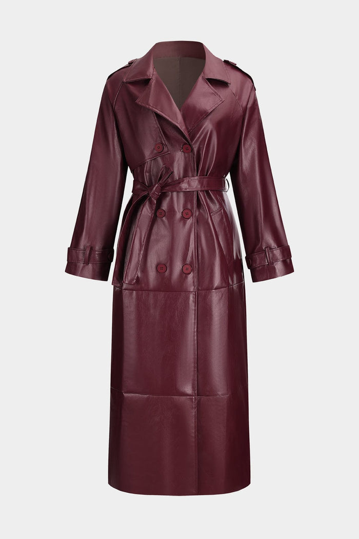Women's Burgundy Belted Trench Coat Long Classic Fit