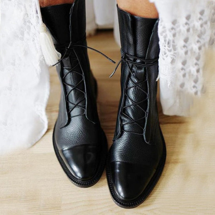 Women's Lace-Up Ankle Boots with Cap Toe and Low Heel