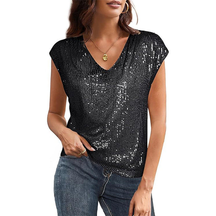 Women's Sequin V-Neck Cap Sleeve Top with Shimmer Detail
