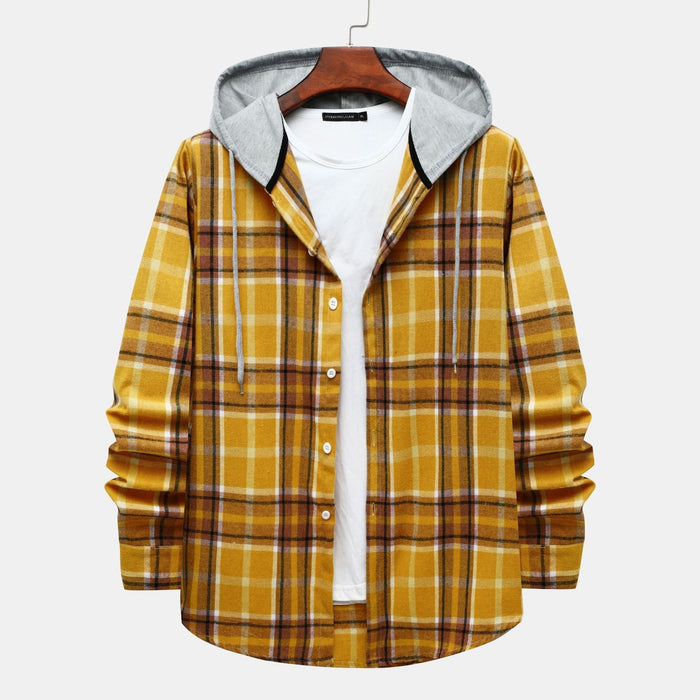 Men's Hooded Flannel Shirt with Plaid Pattern Button Front