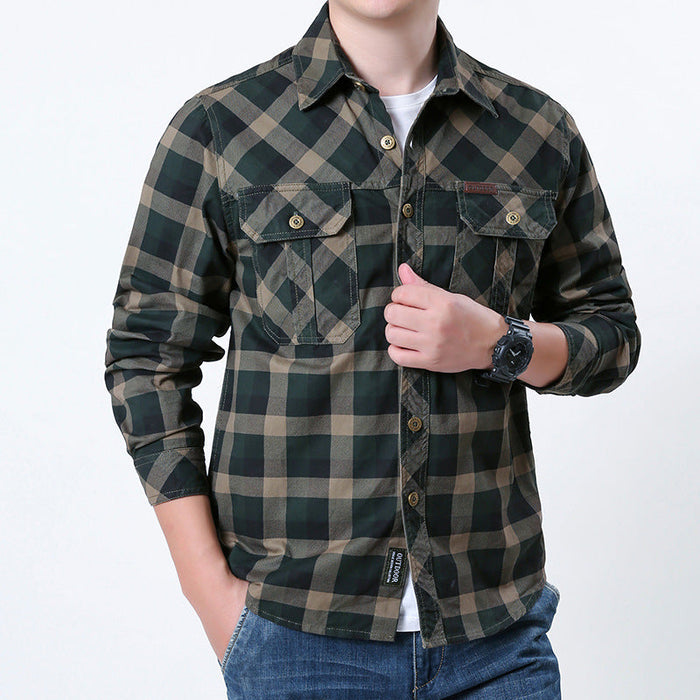 Men's Plaid Flannel Shirt with Chest Pockets and Button Front