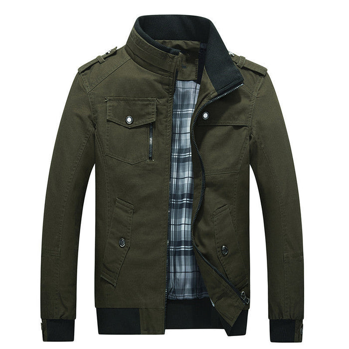 Men's Field Jacket with Stand Collar and Multiple Pockets