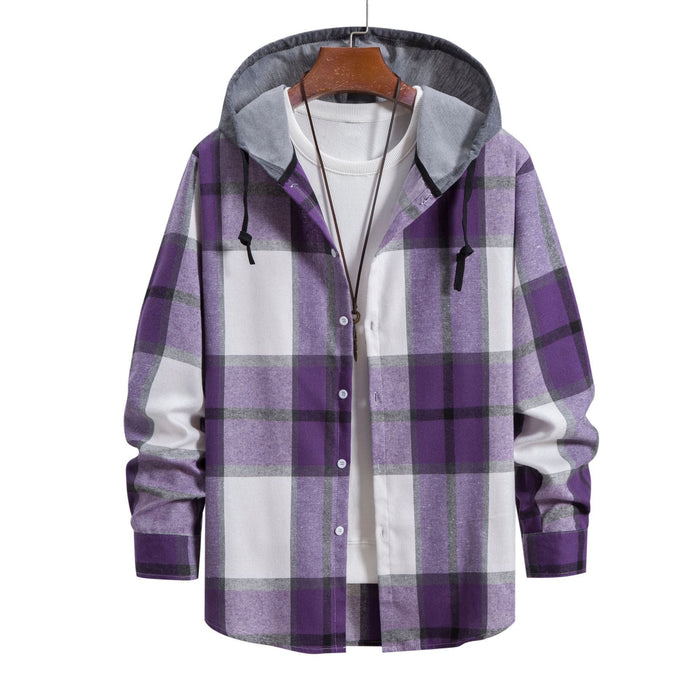 Men's Hooded Flannel Shirt with Button Front Plaid