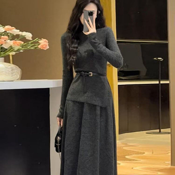 Women's Belted Knit Maxi Dress with Asymmetric Hem