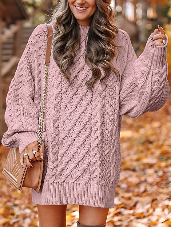 Women's Cable Knit Oversized Sweater Crew Neck Long