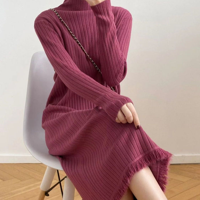 Women's High Neck Ribbed Sweater Dress with Fringe Hem