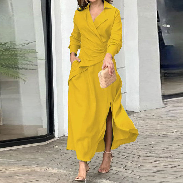 Women's Wrap Maxi Dress Long Sleeve Notch Collar Split