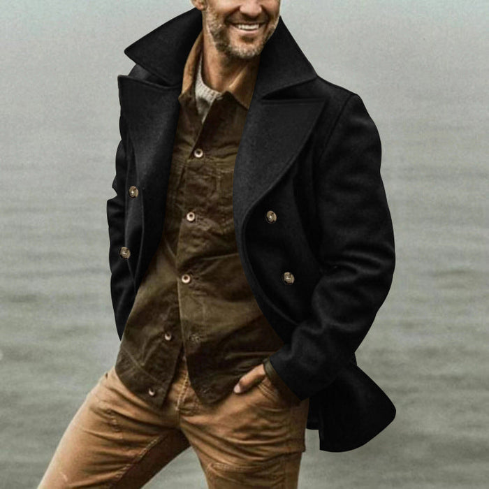 Men's Double-Breasted Wool Coat with High Collar
