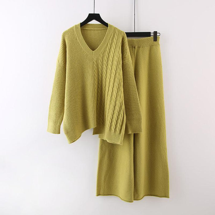 Women's Cable-Knit V-Neck Sweater and Midi Skirt Set