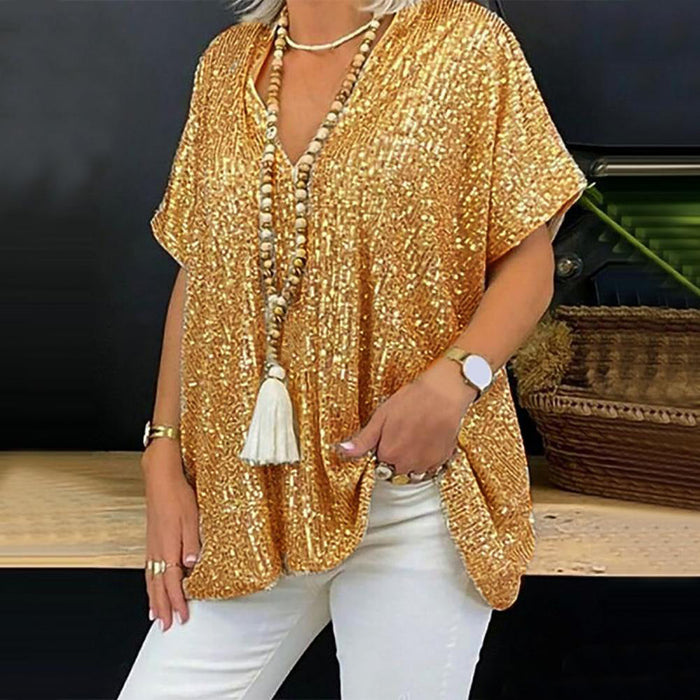 Women's Sequin V-Neck Top Loose Fit Short Sleeve