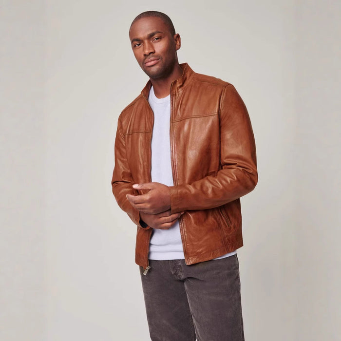 Men's Moto Jacket with Stand Collar and Zip Closure