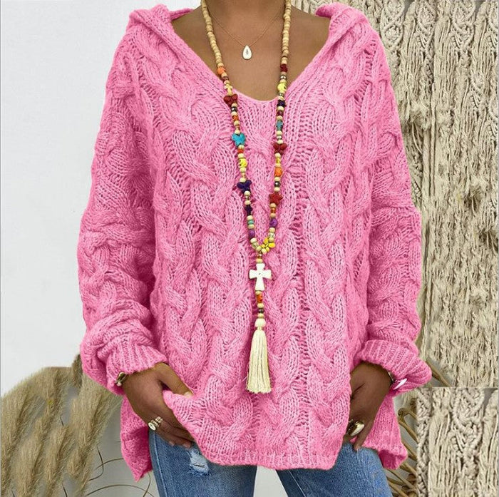 Women's Oversized Cable-Knit Hooded Sweater with V-Neck