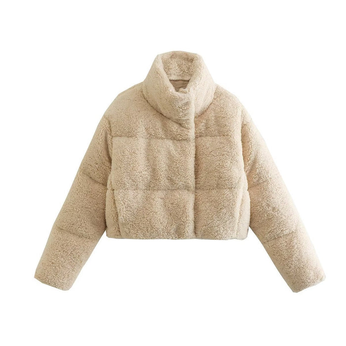 Women's Cropped Teddy Jacket High Collar Side Pockets