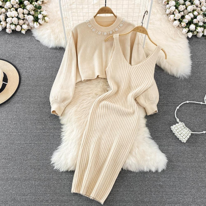 Women's Ribbed Knit Sweater Dress with Pearl Neckline