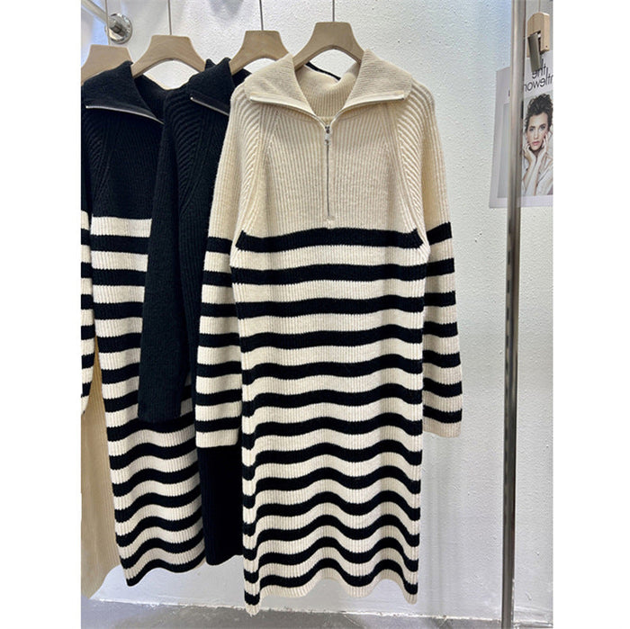 Women's Striped Turtleneck Sweater Dress with Half-Zip