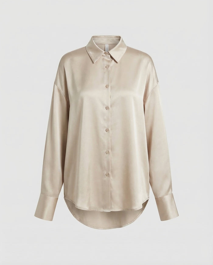 Women's Oversized Satin Blouse Button-Front with Long Sleeves