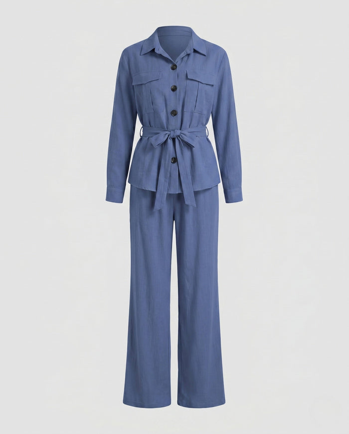 Women's Belted Safari Jacket and Wide-Leg Pant Set